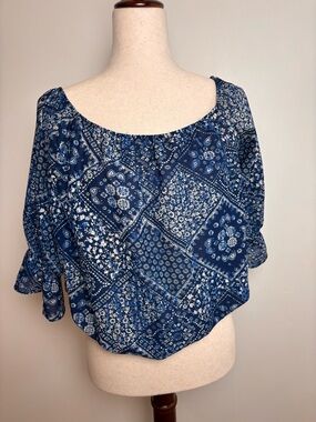 EVERLY Blue Off Shoulder Cropped 3/4 Sleeve Patchwork style semi sheer blouse L